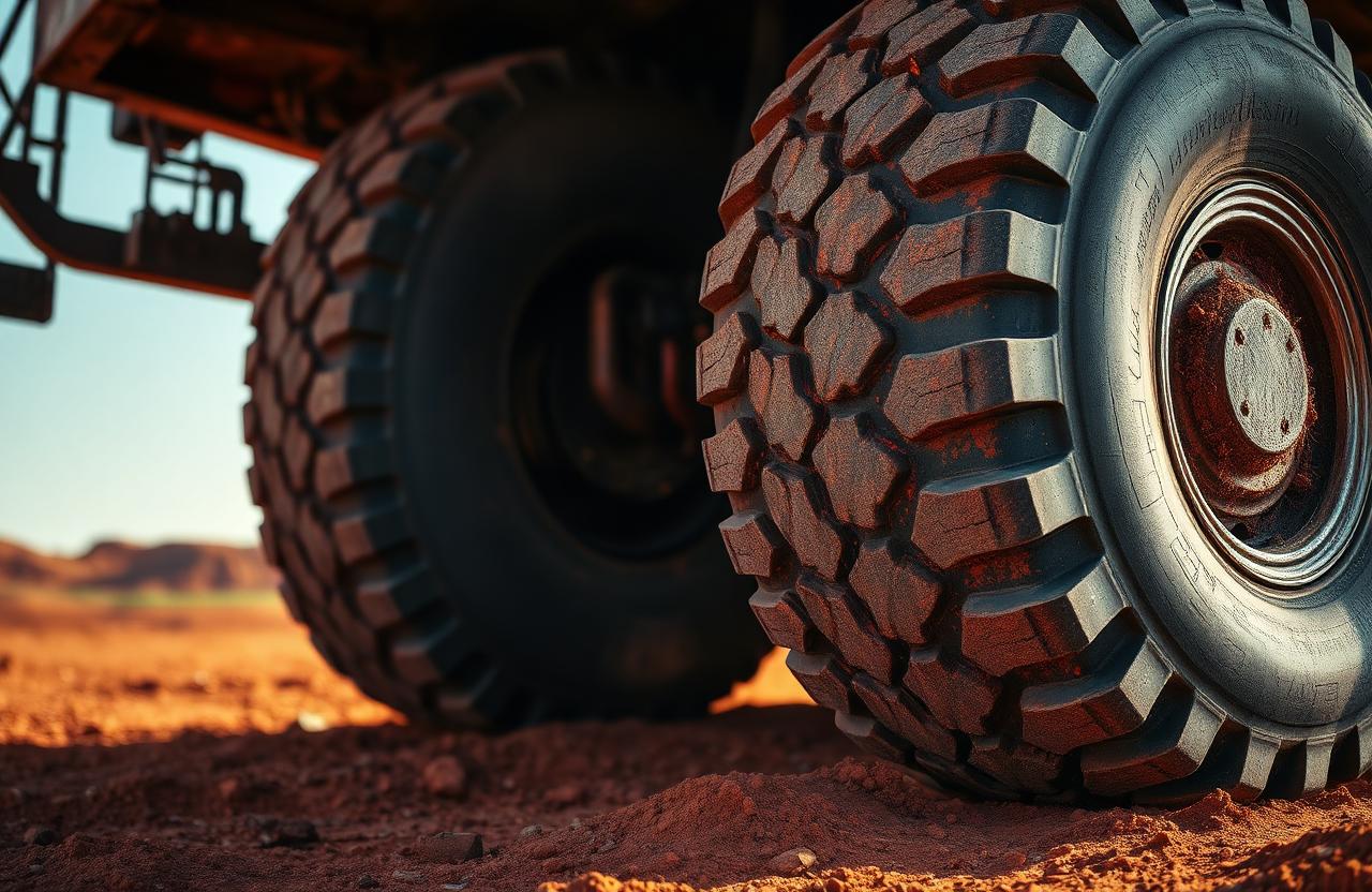 Heavy mining truck tires on red African earth
