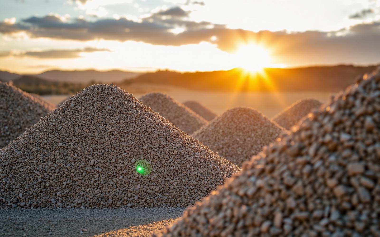 Stockpiles of crushed stone aggregate at sunset