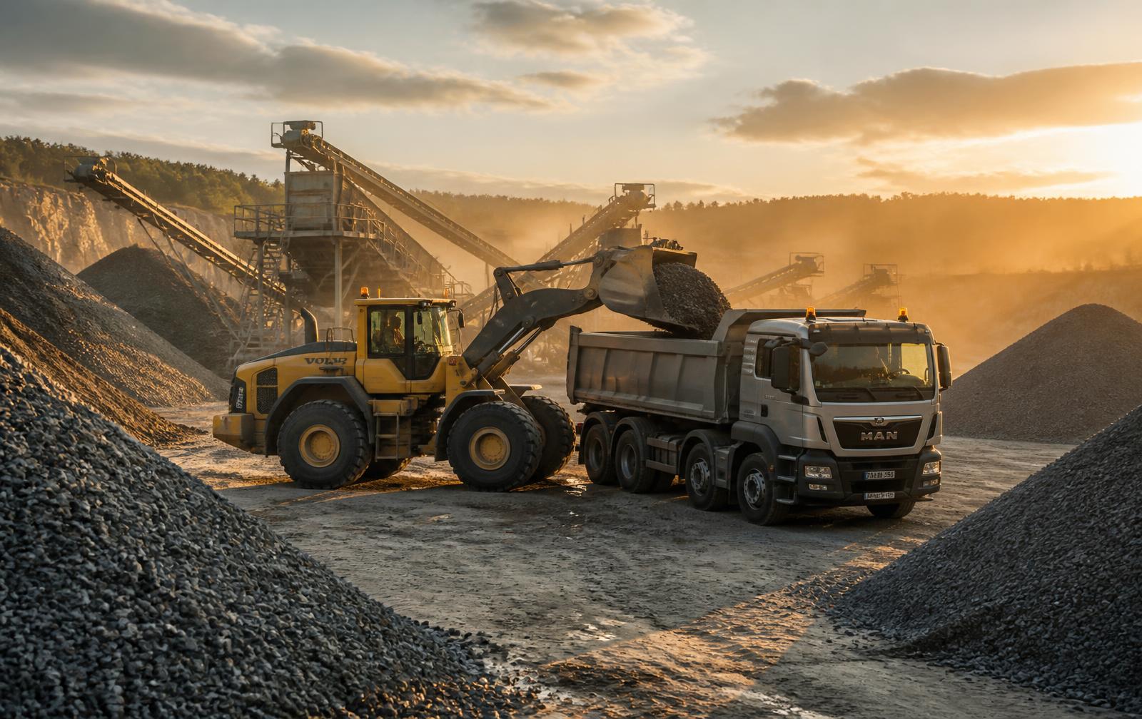 Loader filling a tipper truck with crushed stone aggregate at a quarry