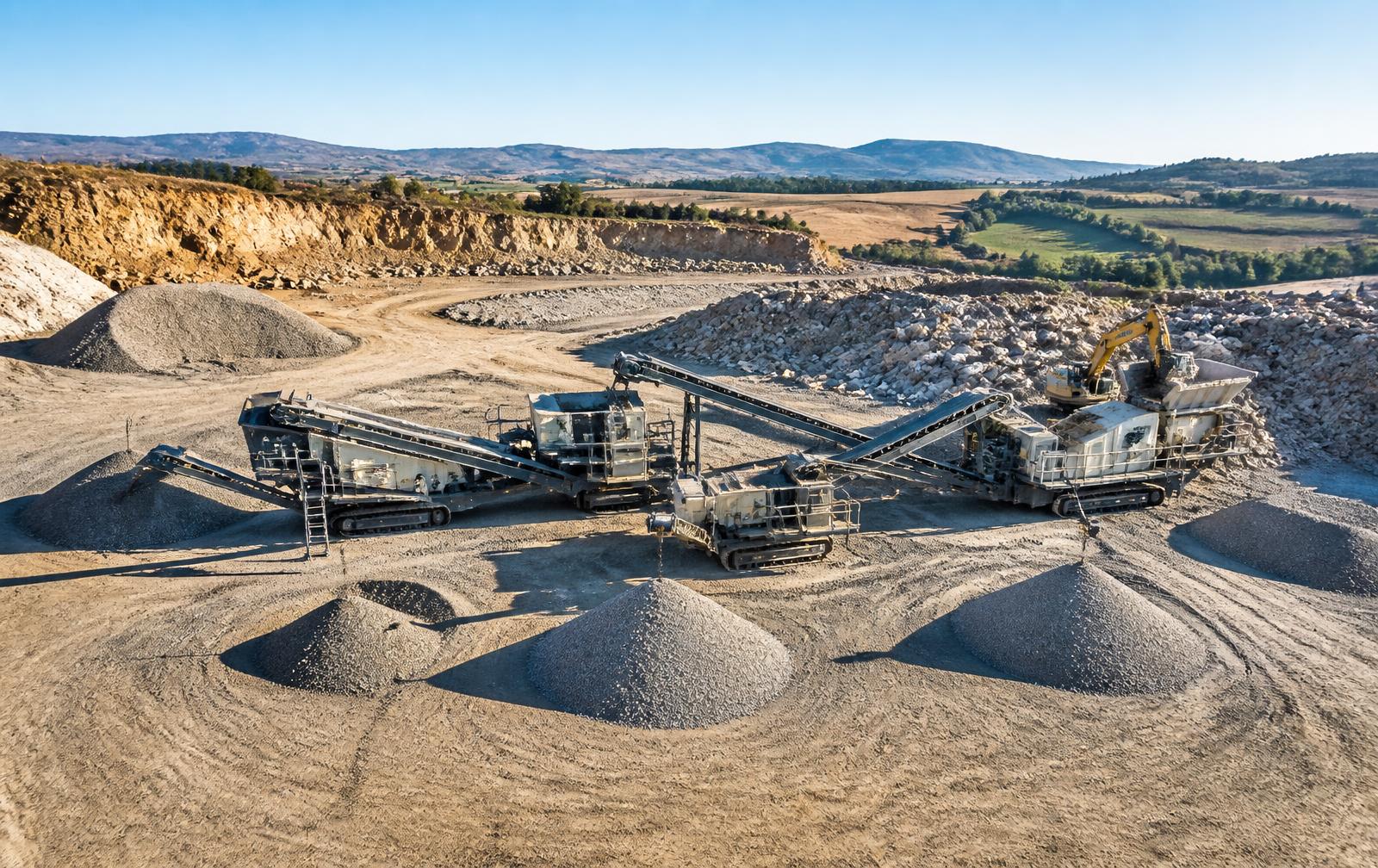 Mobile crushing and screening plant turning rock waste into aggregate products