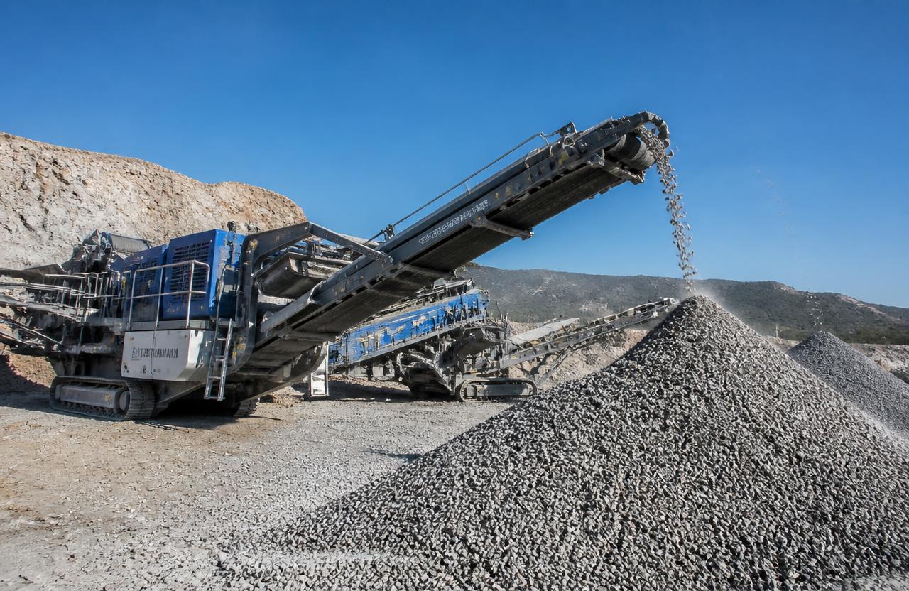 Mobile crushing and screening plant discharging graded crushed stone onto a stockpile